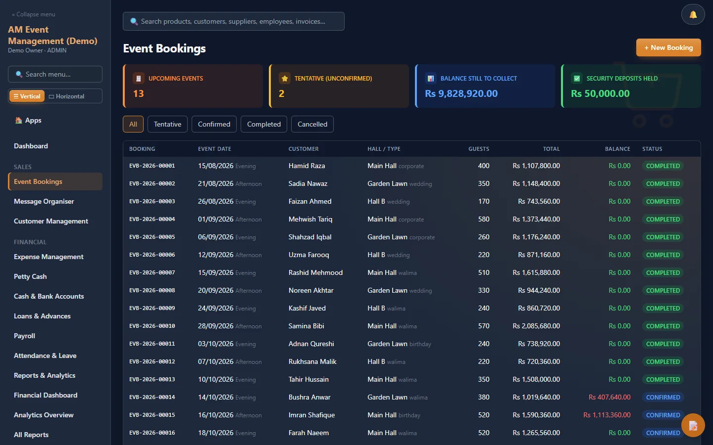 Event bookings list with upcoming events, balance still to collect and security deposits held